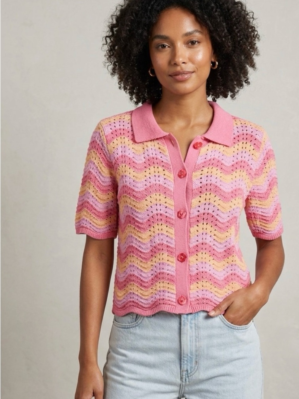 Sincerely Jules Pink Yellow Chevron Knit Cardigan